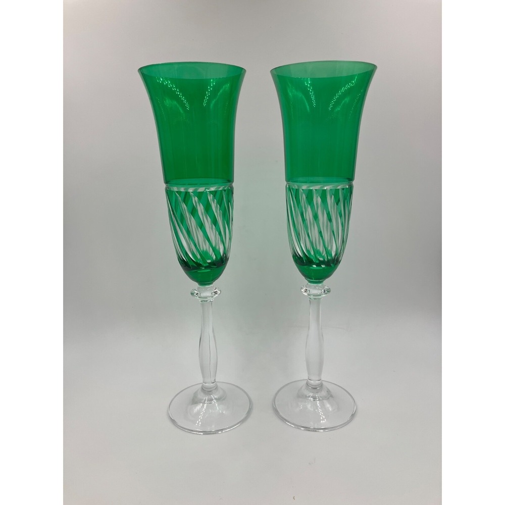 PAIR BOHEMIAN CRYSTAL GREEN CUT TO CLEAR 9-3/4" CHAMPAGNE FLUTES - ? AJKA- MINT